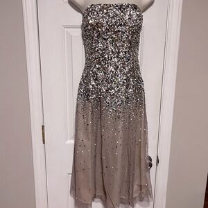Scala Sequined Strapless Cocktail Dress | Taupe, Silver, White, Gray | Size MED